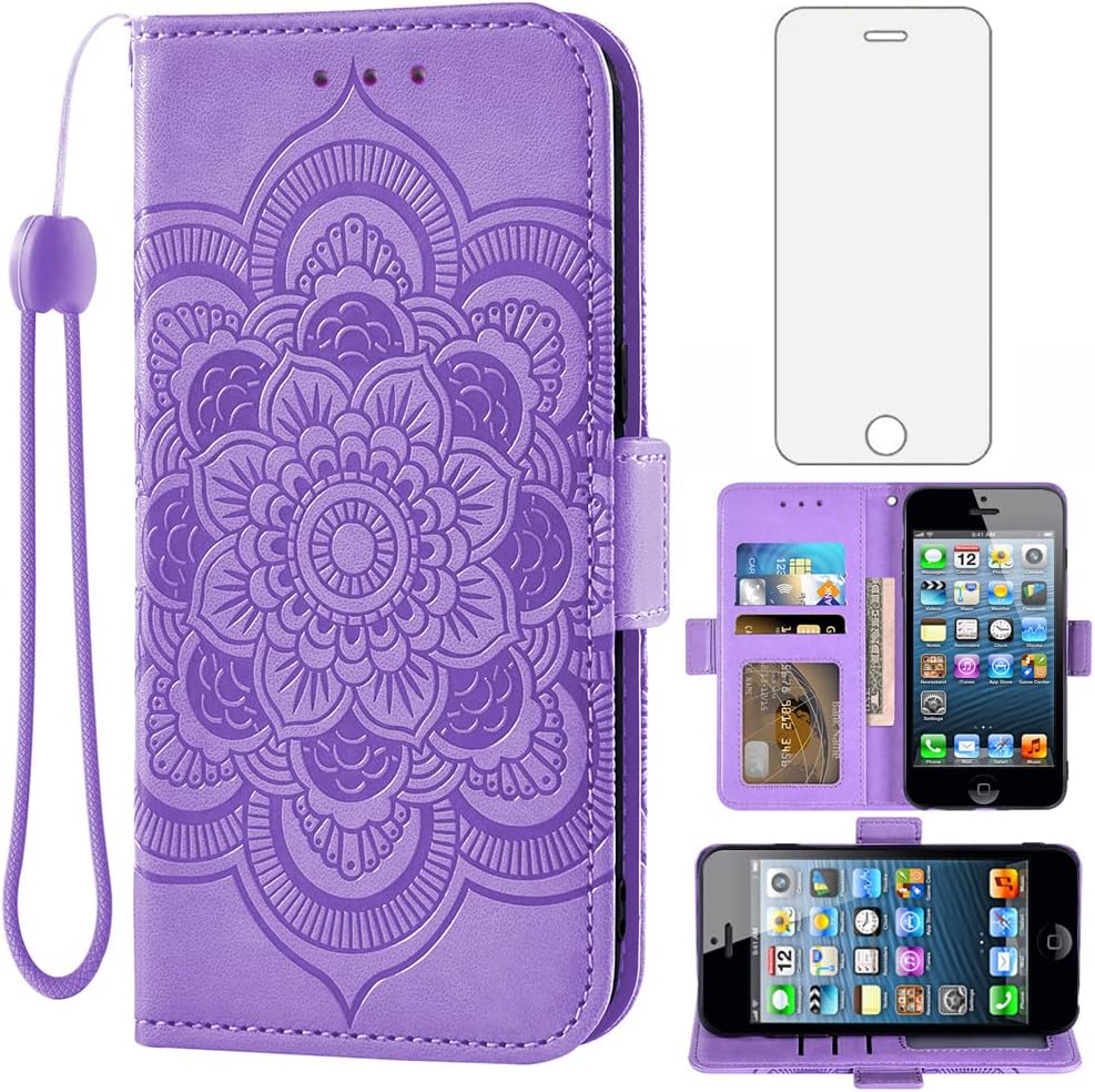 For iPhone 5S 2016 Tempered Glass Screen and Protector Flip Holder Wallet Case