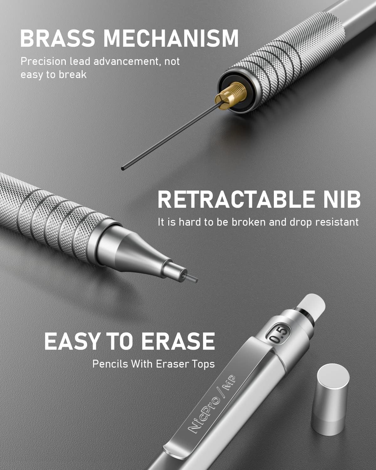 2 PCS Nicpro Mechanical Pencil new 0.5mm+0.7mm silver - Image 3