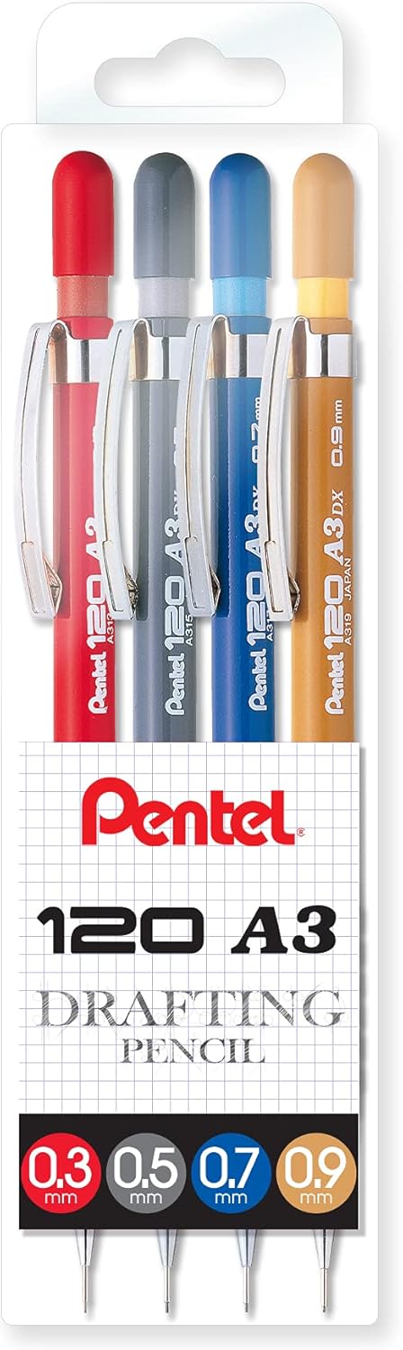Pentel 120 A3 Mechanical Pencil Wallet 4 Assorted Sizes (A310-4)