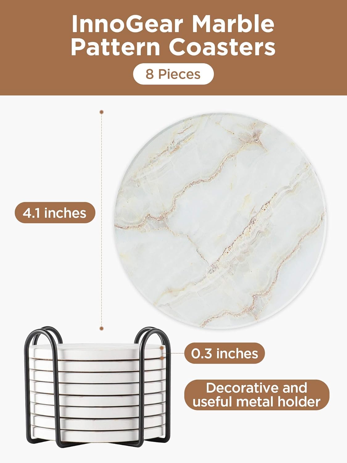 Coasters for Drinks, 8 Pieces with Holder Absorbent Ceramic Stone Marble Pattern - Image 2