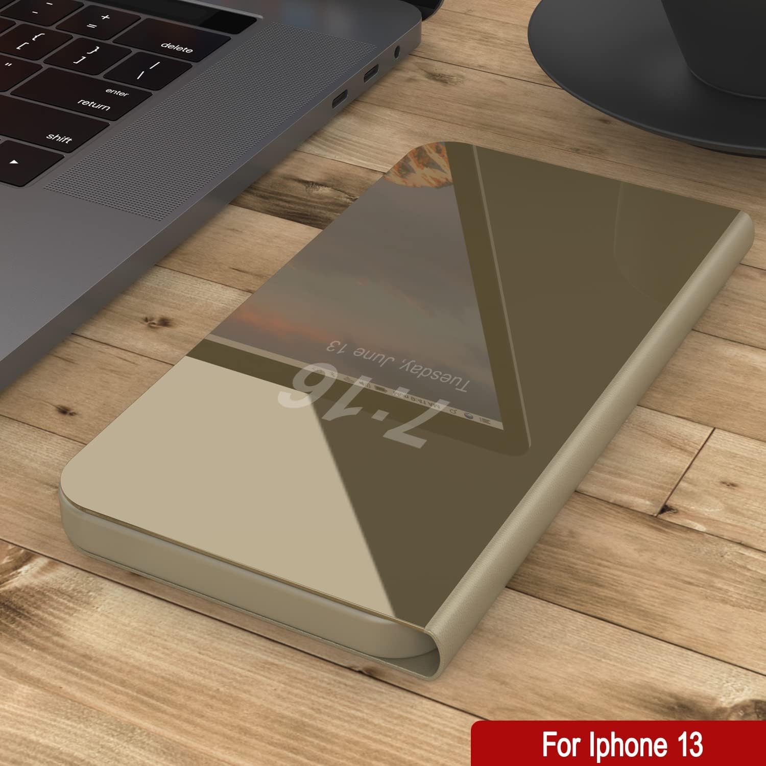 iPhone 13 Reflector Case Protective Flip Cover W/Scratch Resistant Mirror - Gold - Image 7
