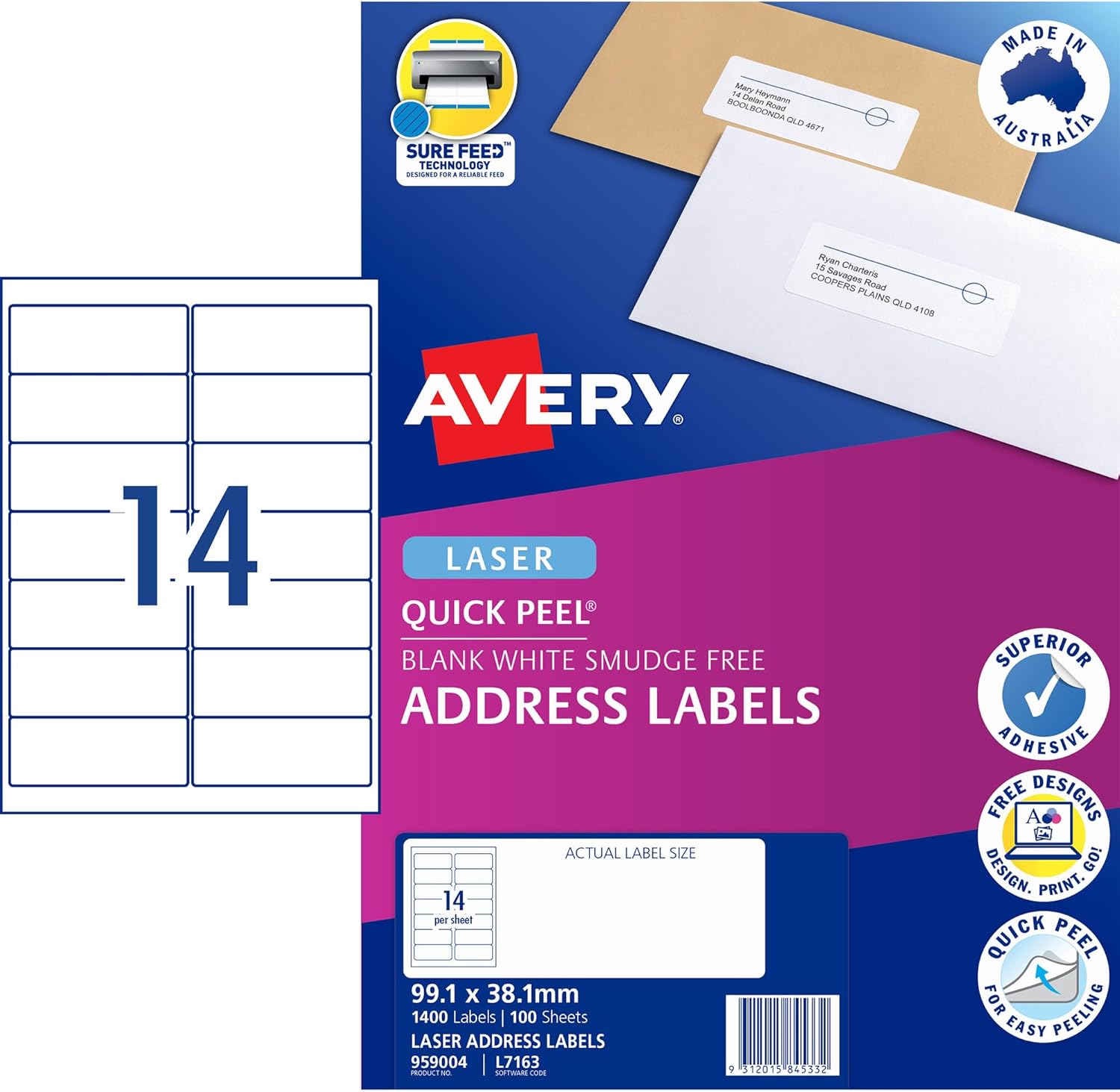Avery Shipping & Address Labels - White, 99.1 x 38.1mm, 1400 Labels / 100 Sheets