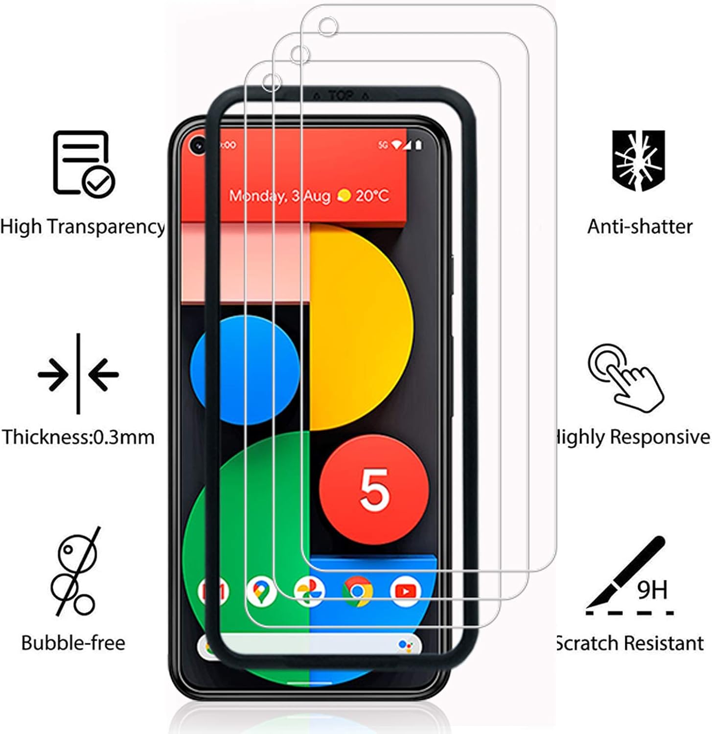 Case Friendly Tempered Glass Screen Protector for Google Pixel 5(2020)3 Pack - Image 2