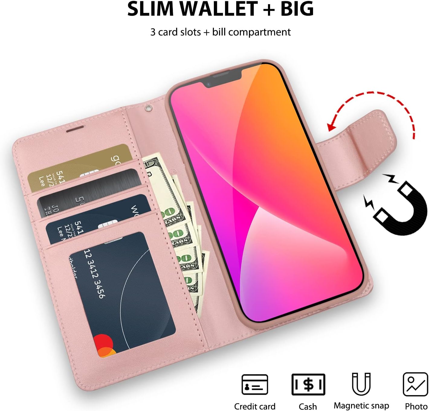 For iPhone 14 Leather Wallet Card Case for Apple - Rose Gold - Image 3