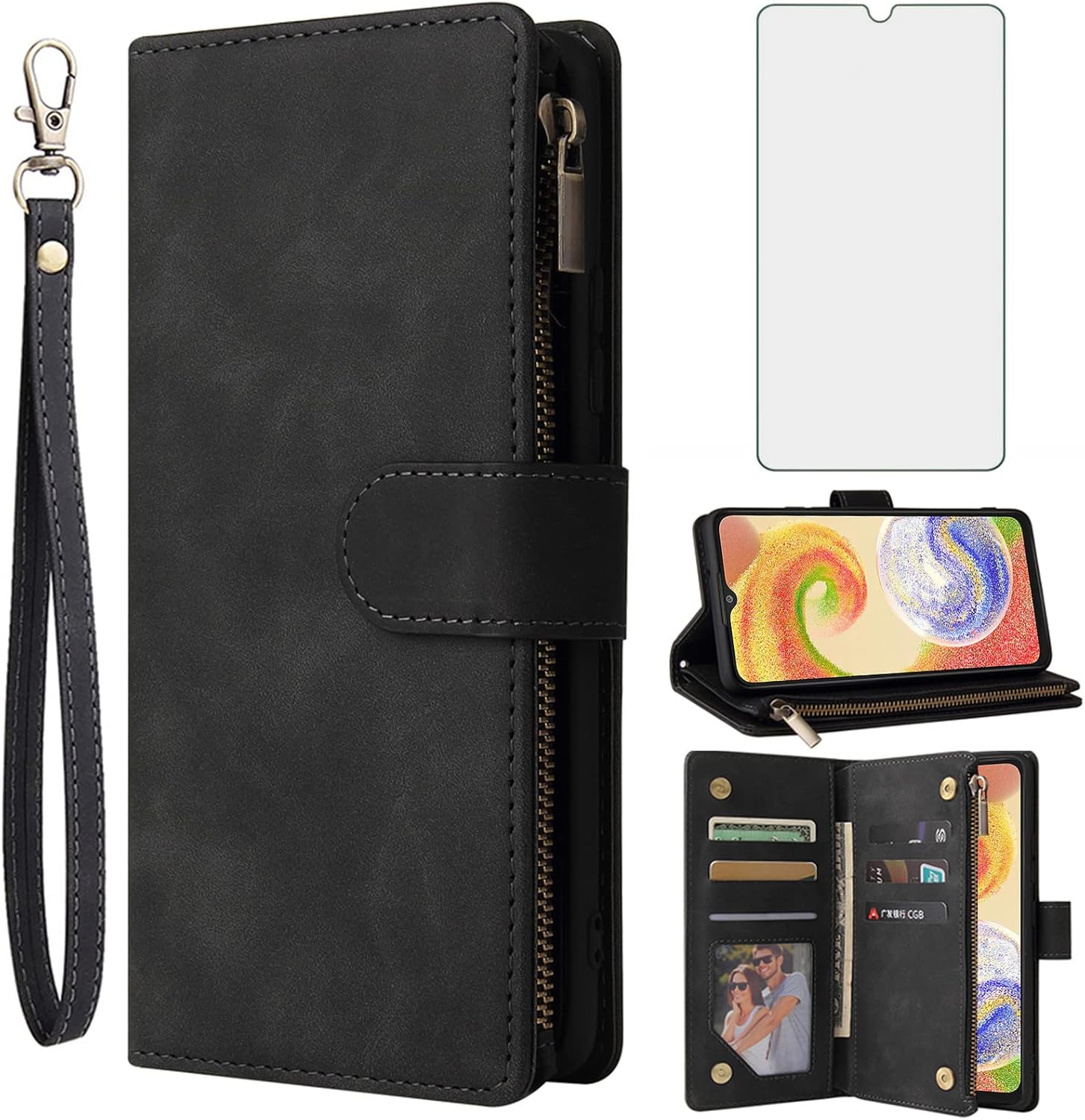 Samsung Galaxy A04 Tempered Glass Screen Protector and Leather Flip Wallet Case