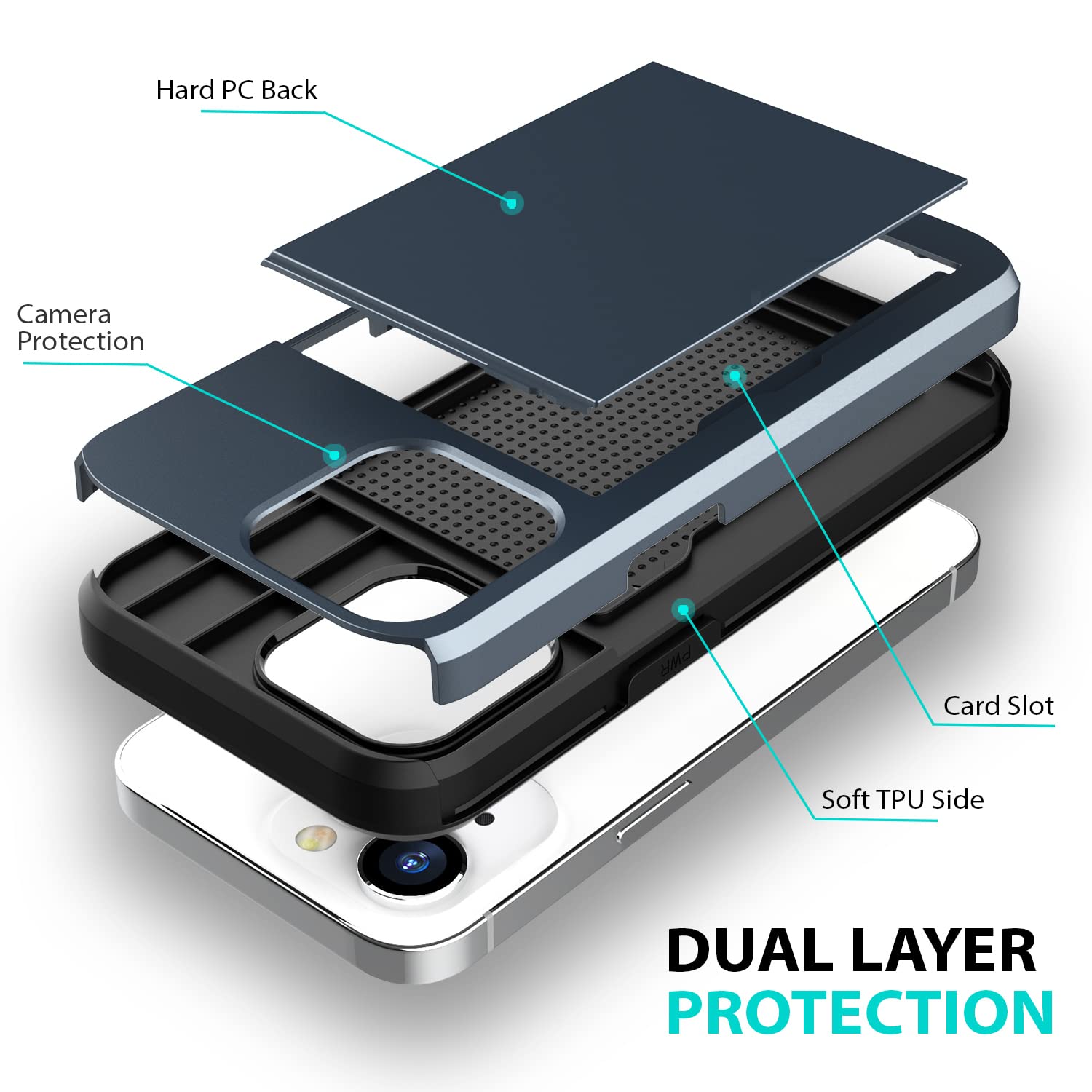 iPhone 15 Pro, Card Holder Protective Shockproof Back Case - Dark Blue - Image 2