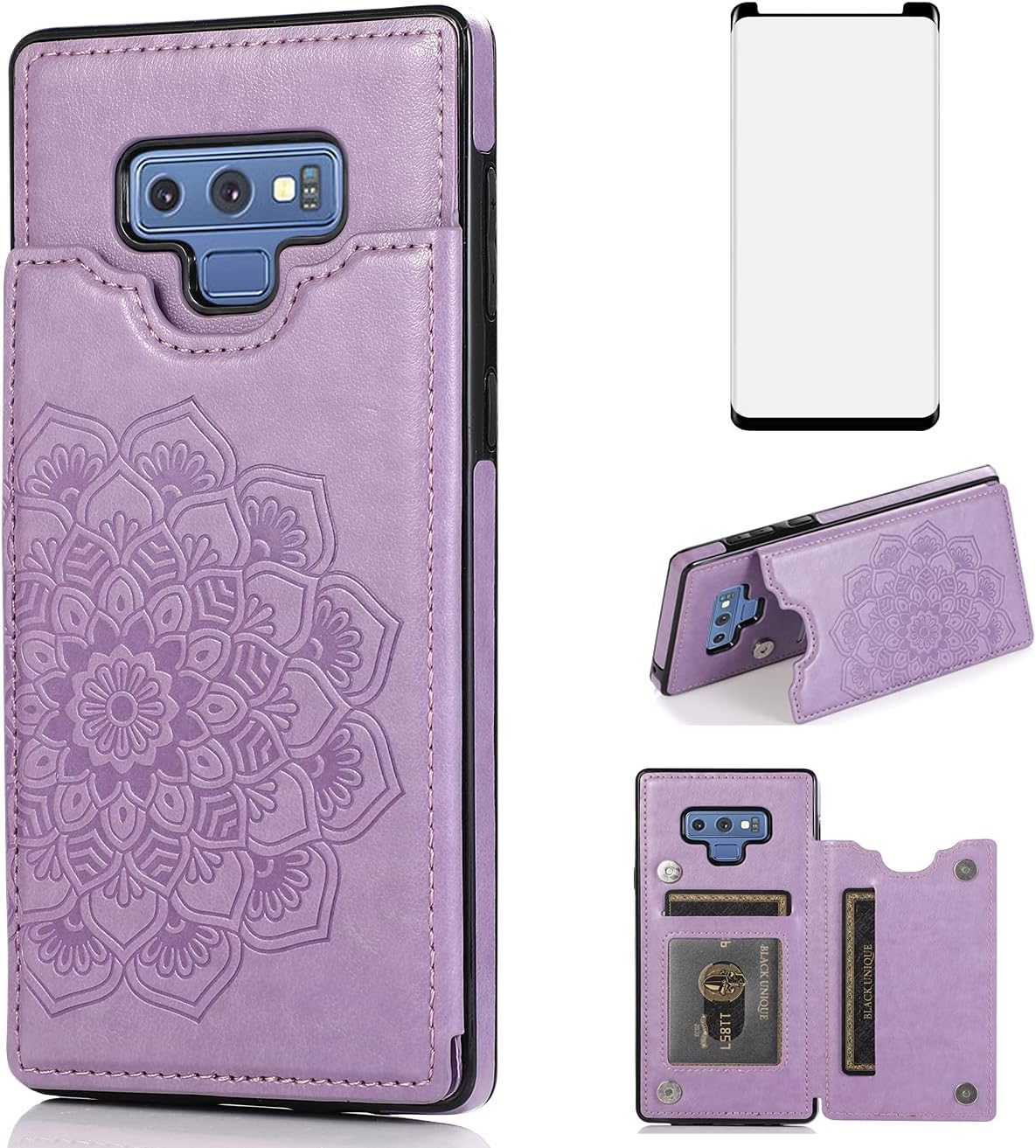Samsung Galaxy Note 9 Tempered Glass Screen Protector and Leather Wallet Case
