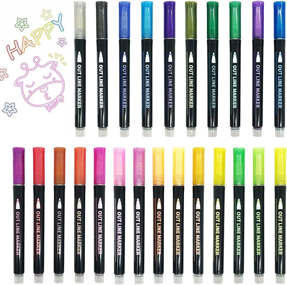 Double Line Outline Pens 24 Colors Metallic Marker Pens,Doodle Dazzles Shimmer