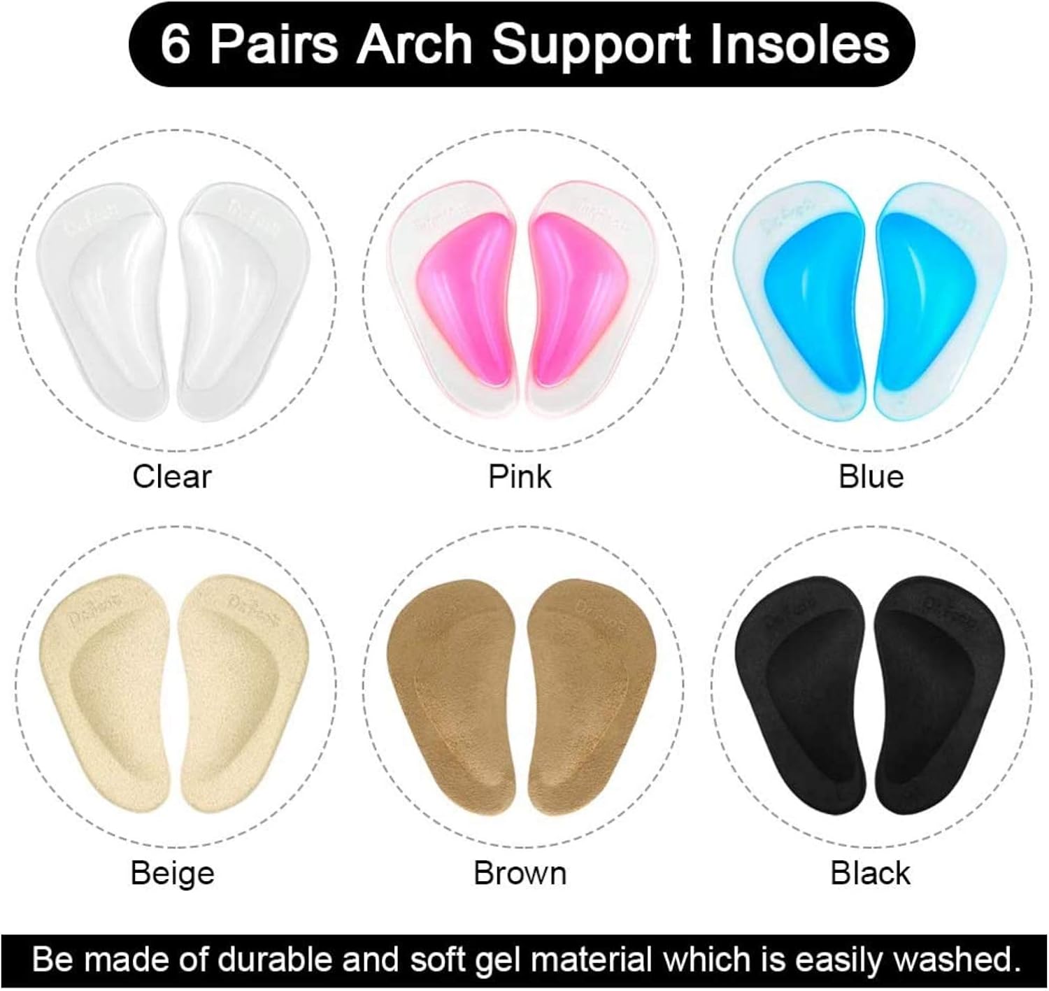 Gel Arch Support Cushions for Flat Feet, Shoe Insoles (6 Colors - 6 Pairs) - Image 2