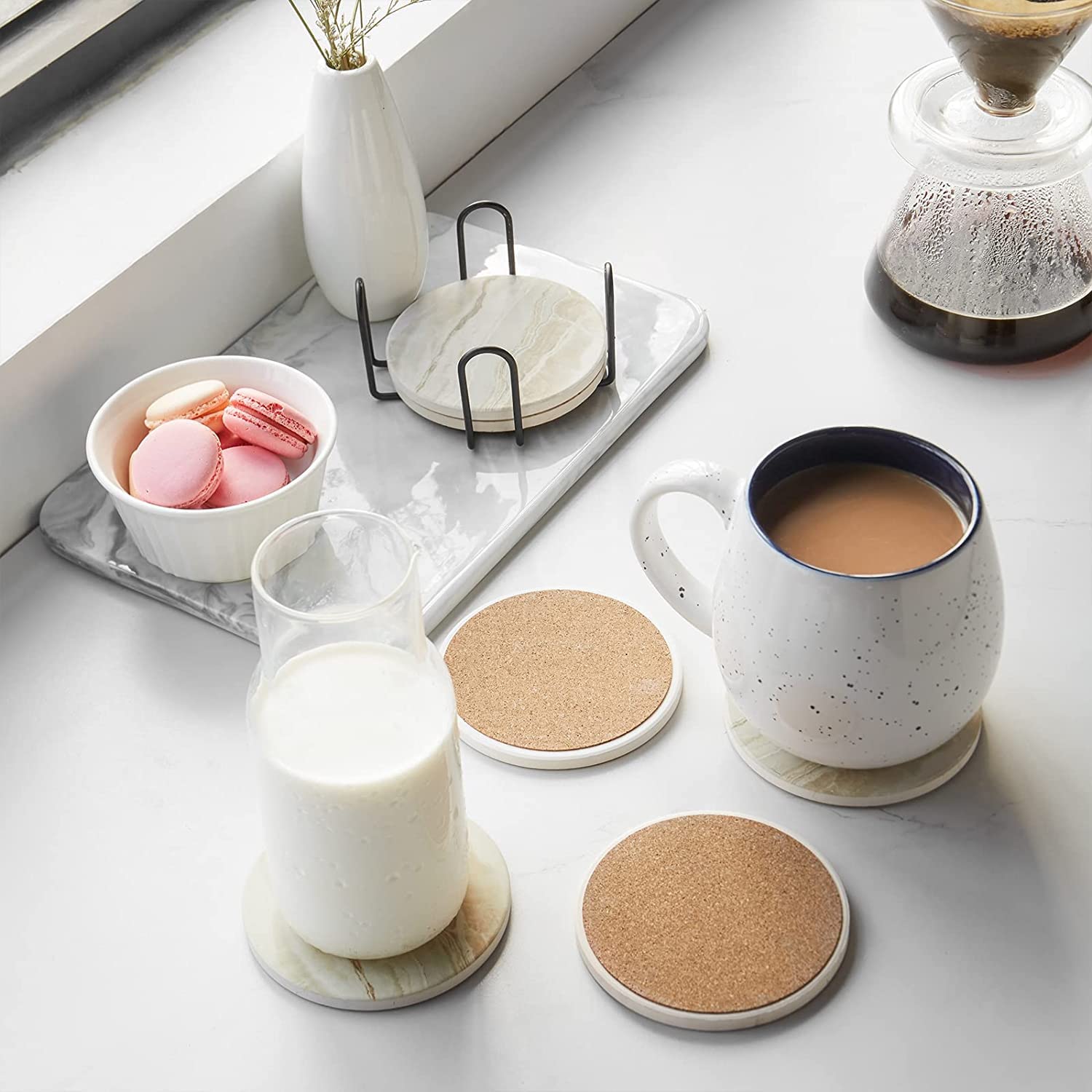 Drink Coasters with Holder, Absorbent Coaster Sets of 6, Marble Style Ceramic - Image 5