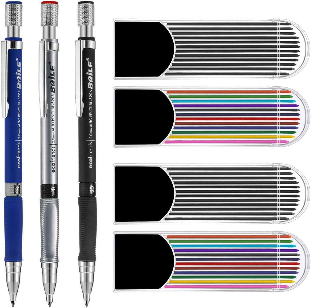 2.0 mm Mechanical Pencil Set with 3 Pieces Pencils, 4 Cases Lead Refills