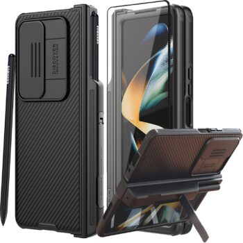For Samsung Galaxy Z Fold 4 Camera Cover & Screen Protectors Kickstand - Black