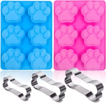 Set of 5, 2 Packs 6 Cavity Dog Paw Silicone Molds and 3 Packs Stainless Steel