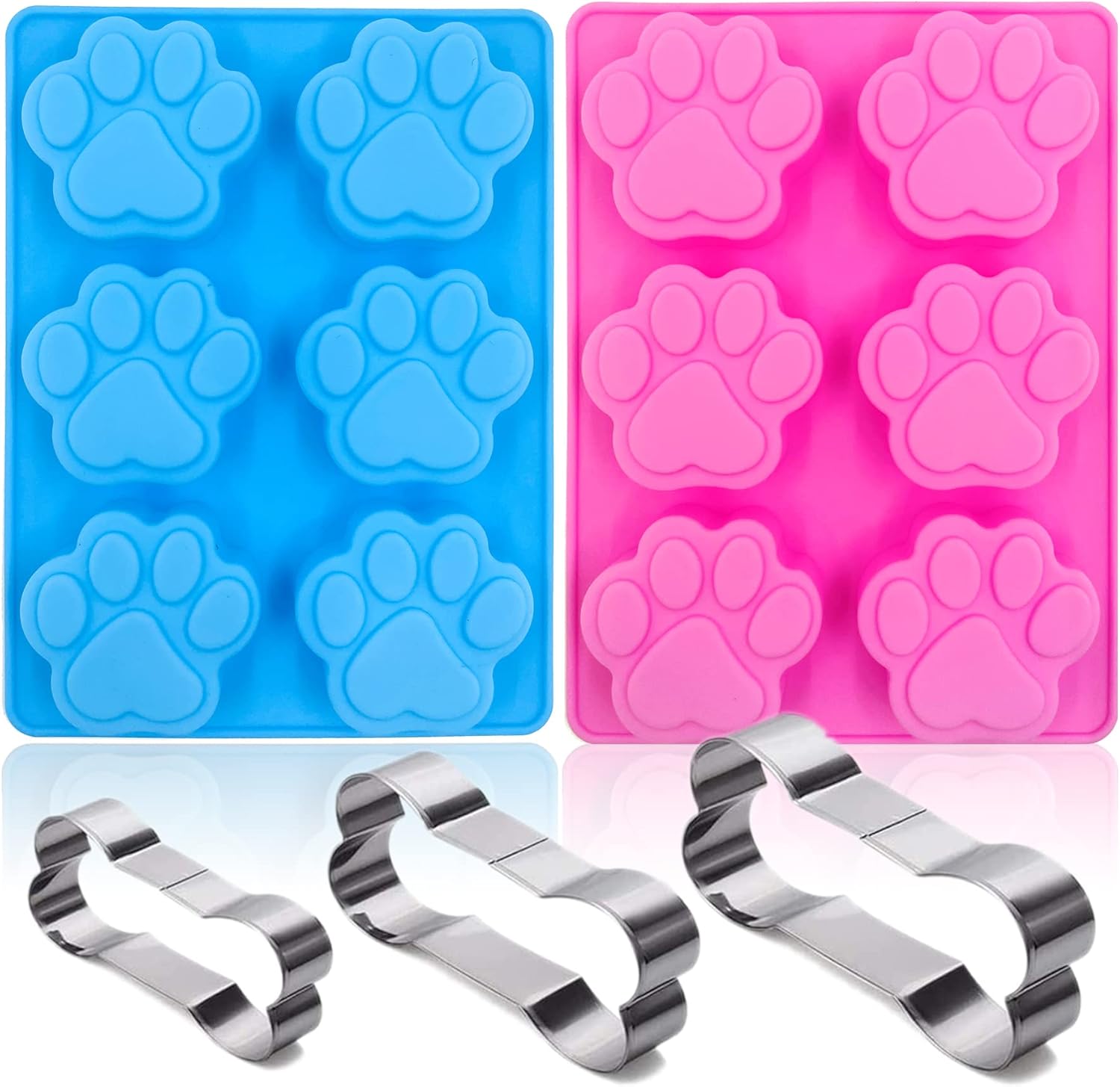 Set of 5, 2 Packs 6 Cavity Dog Paw Silicone Molds and 3 Packs Stainless Steel