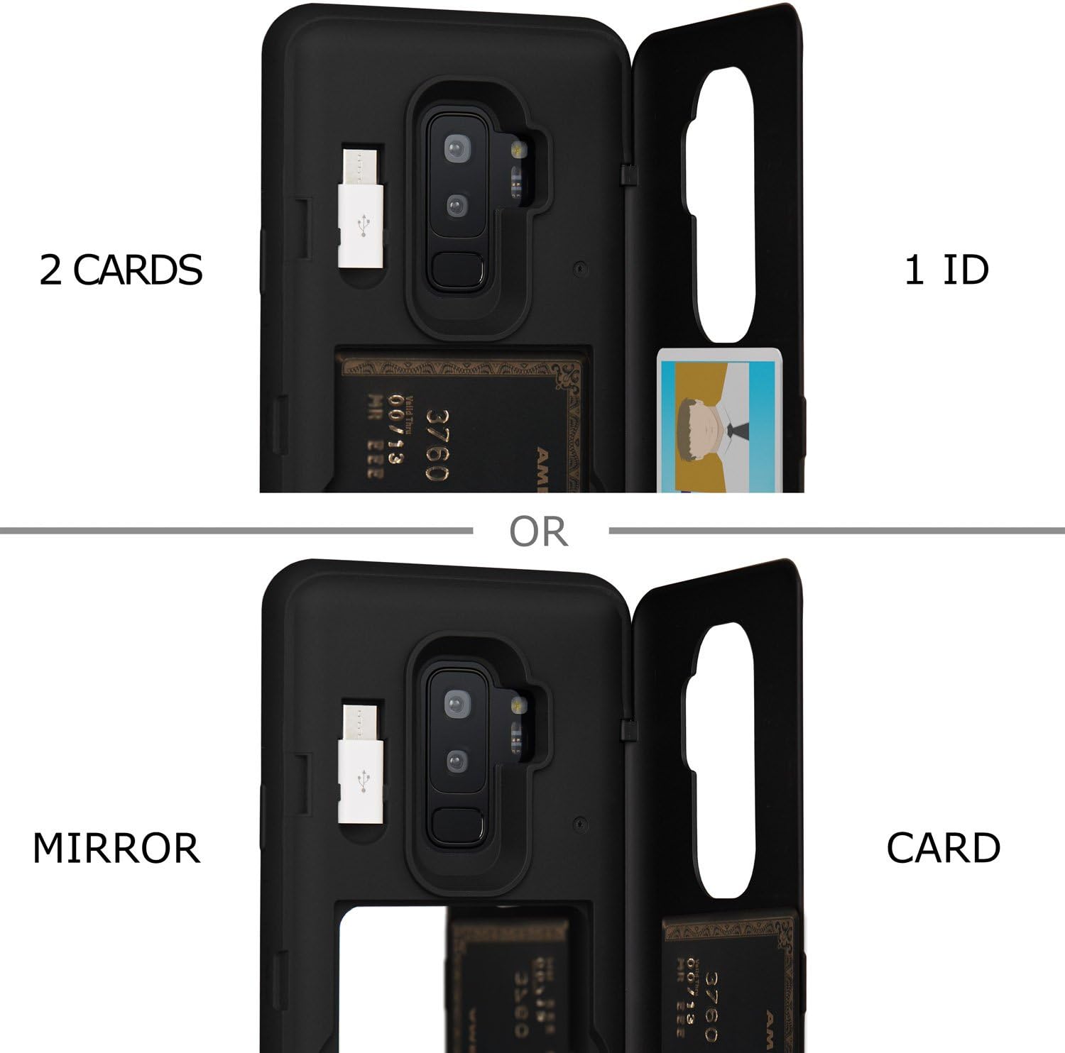 Slim Protective Shockproof w Hidden Credit Card Wallet Flip Slot Case - Black - Image 3