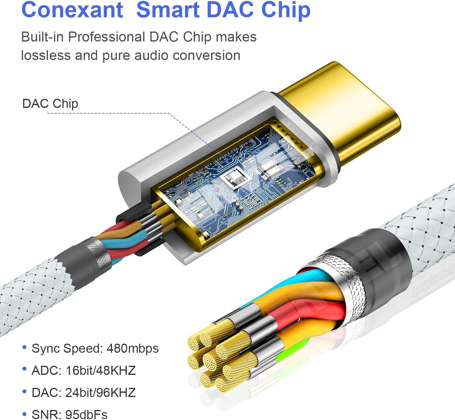 USB C to 3.5 mm Headphone Jack Adapter, Type C to 3.5mm DAC Chip Cable -Silver - Image 2