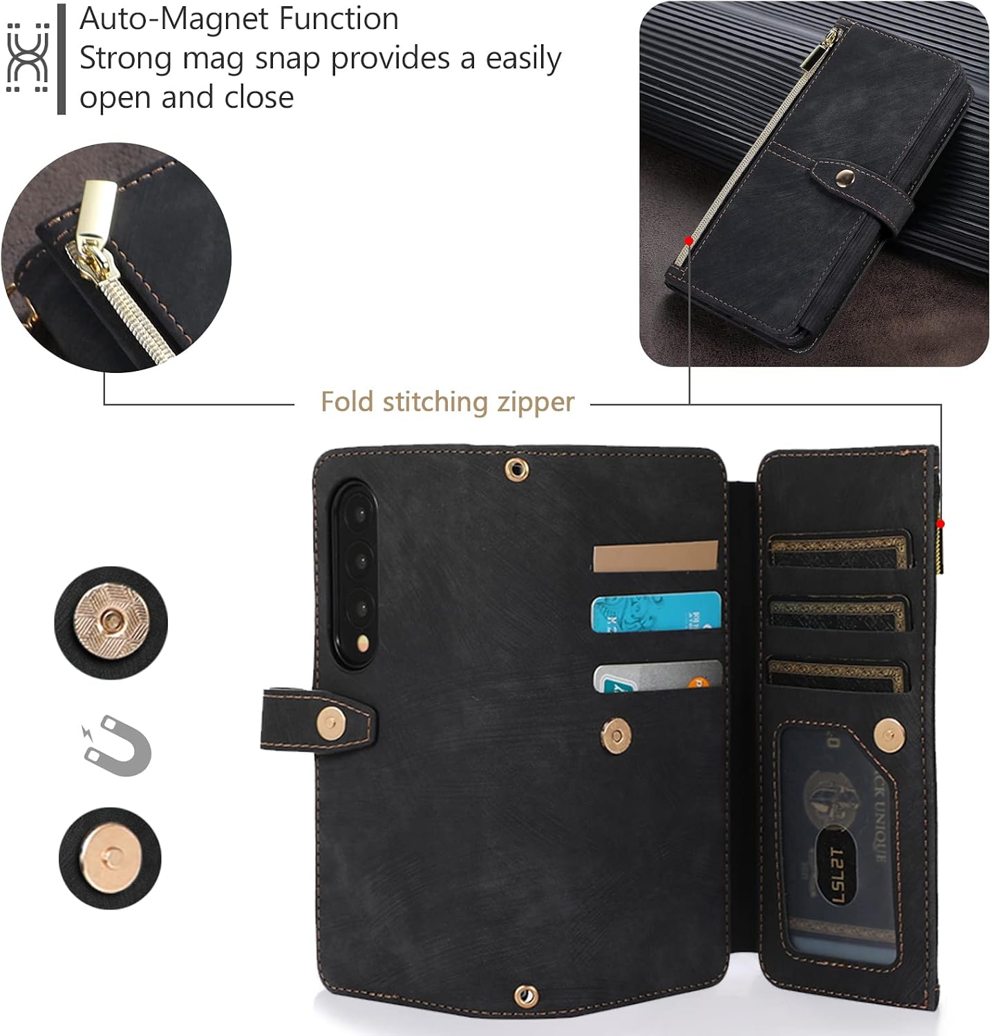 Z Fold 4, 9 Card Slot Shockproof Leather Flip Wallet Case - Black - Image 4