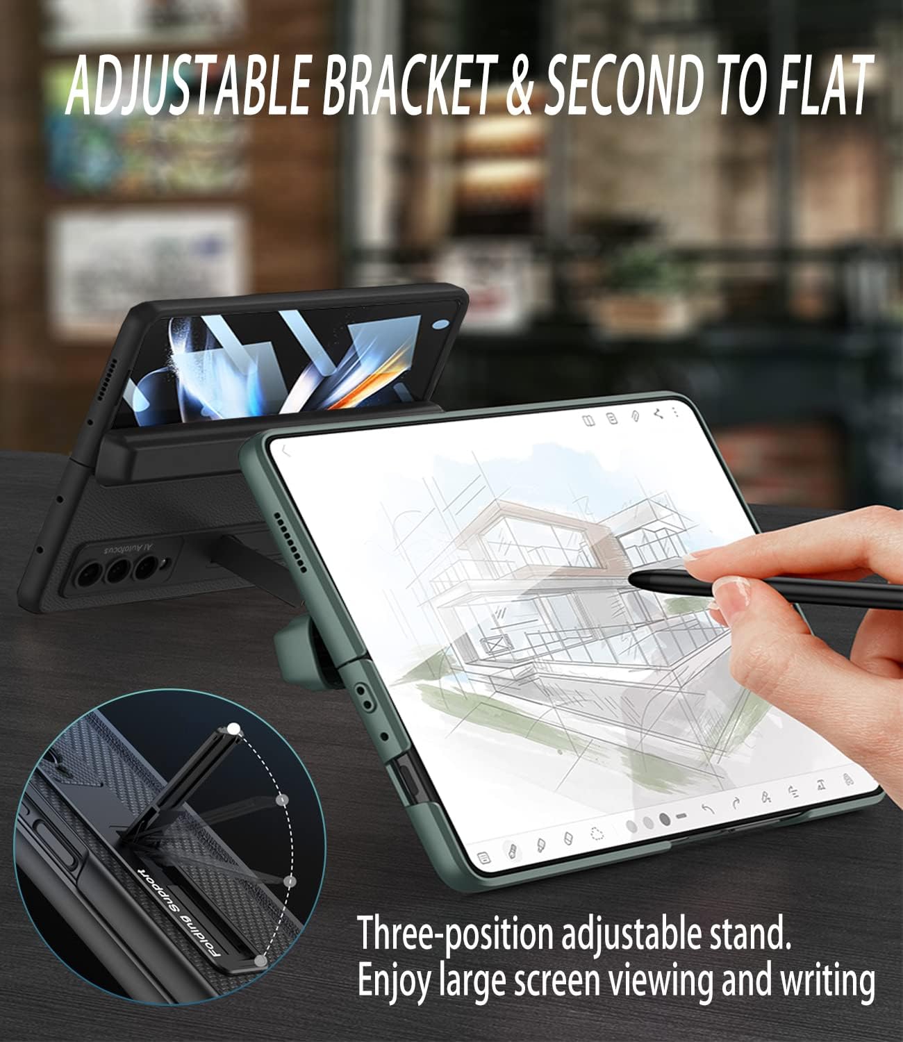 Samsung Galaxy Z Fold 5 Case with Pen Holder, Leather Case - Black - Image 5