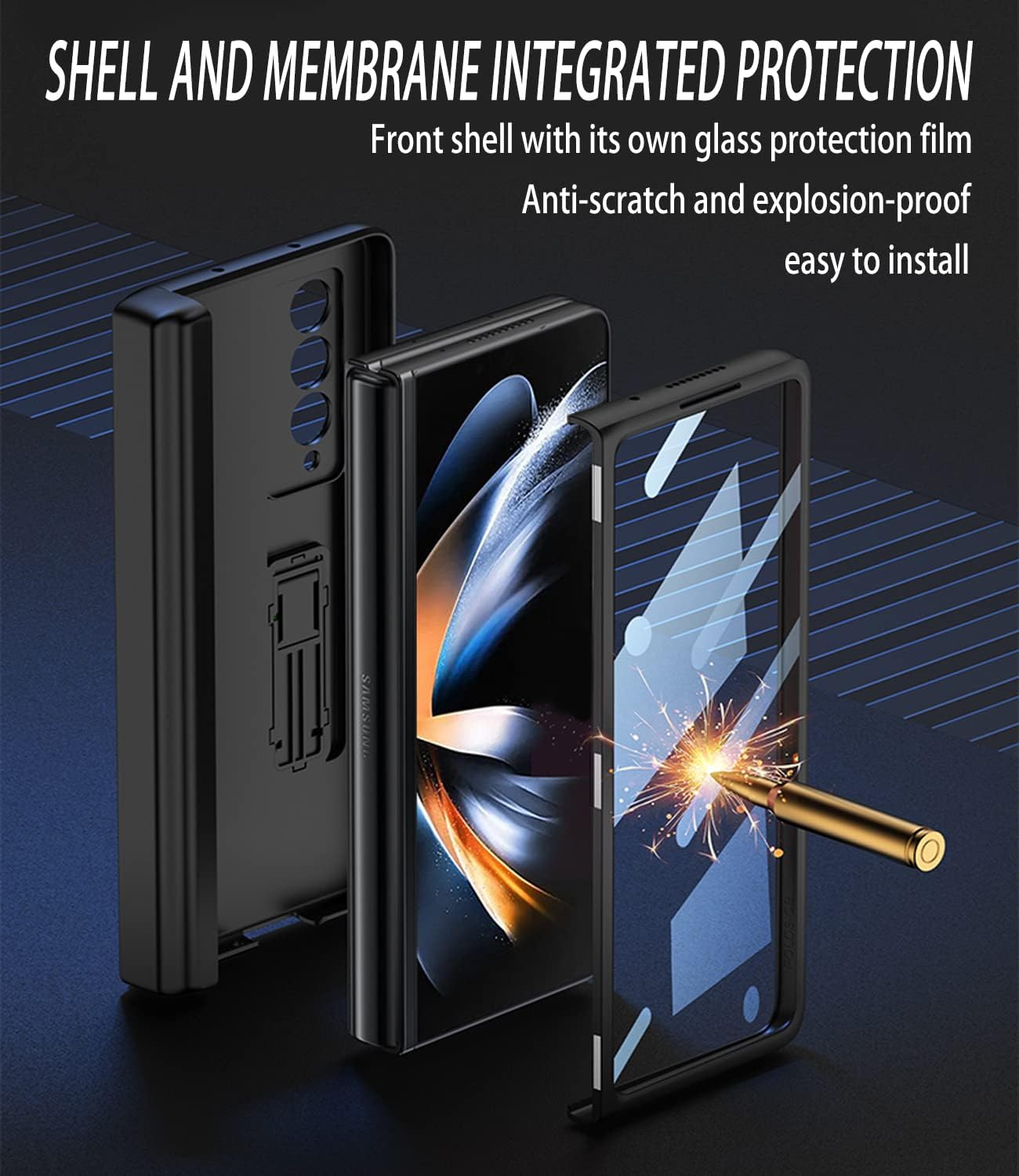 Samsung Galaxy Z Fold 5 Case with Pen Holder, Leather Case - Black - Image 4