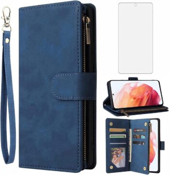 For Samsung Galaxy S22 5G Glass Screen Protector and Leather Flip Wallet Case