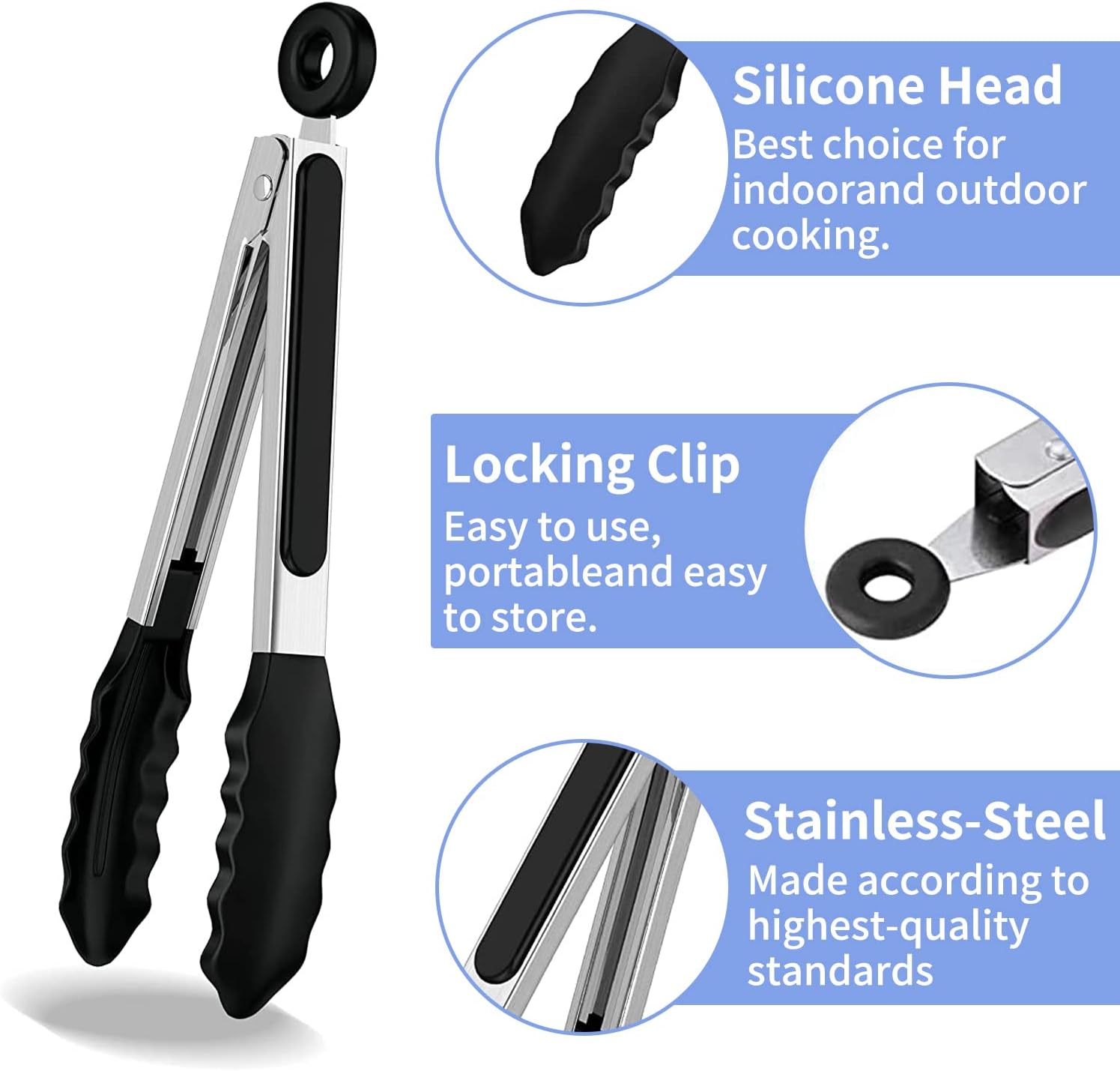 Silicone Kitchen Tongs, Set of 3 Premium Stainless Steel Locking Cooking Tongs - Image 7