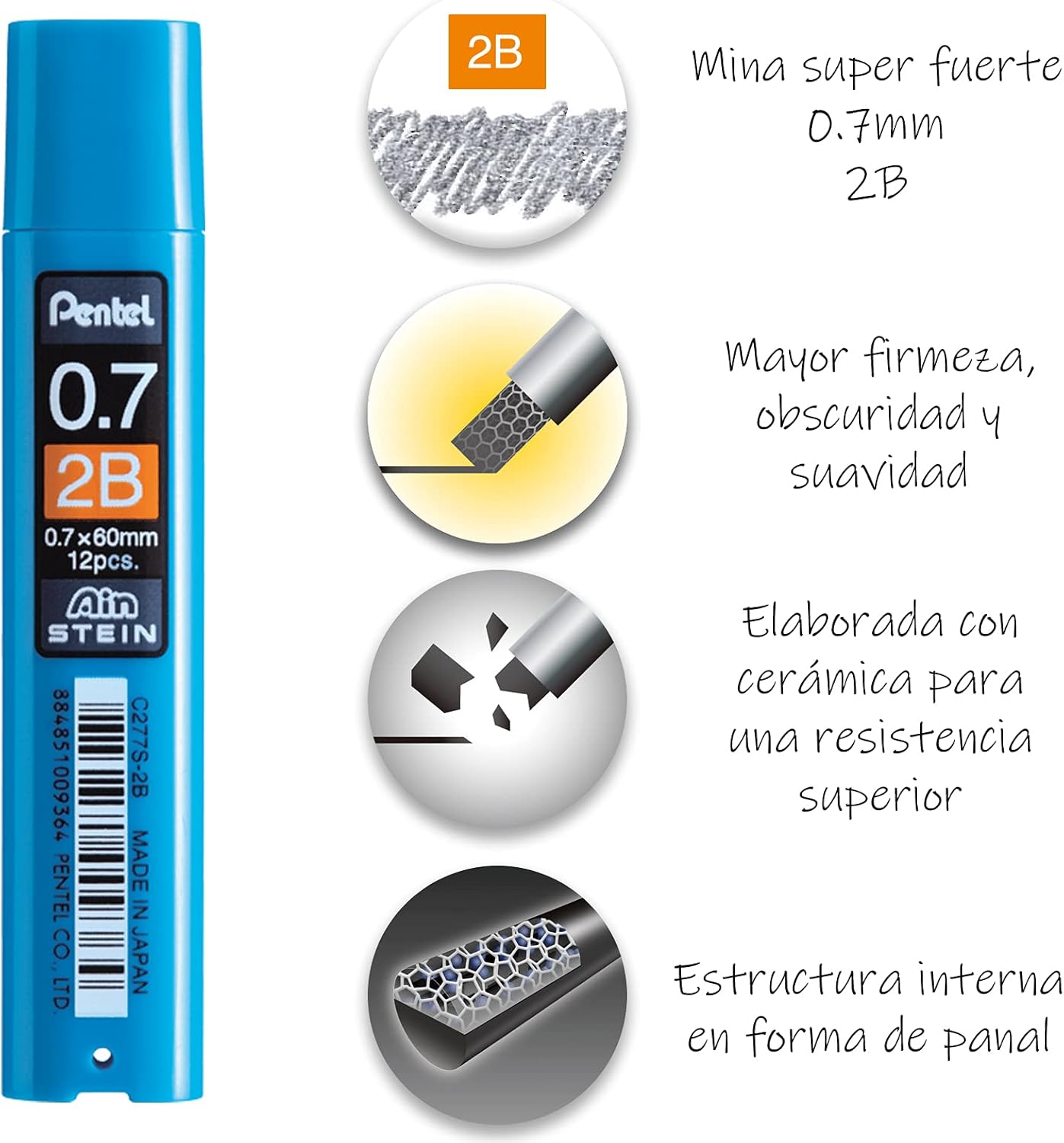 Pentel Ain Stein Lead Refill 0.7mm 2B Grade, 12 Leads Per Tube, Box of 12 Tubes - Image 2