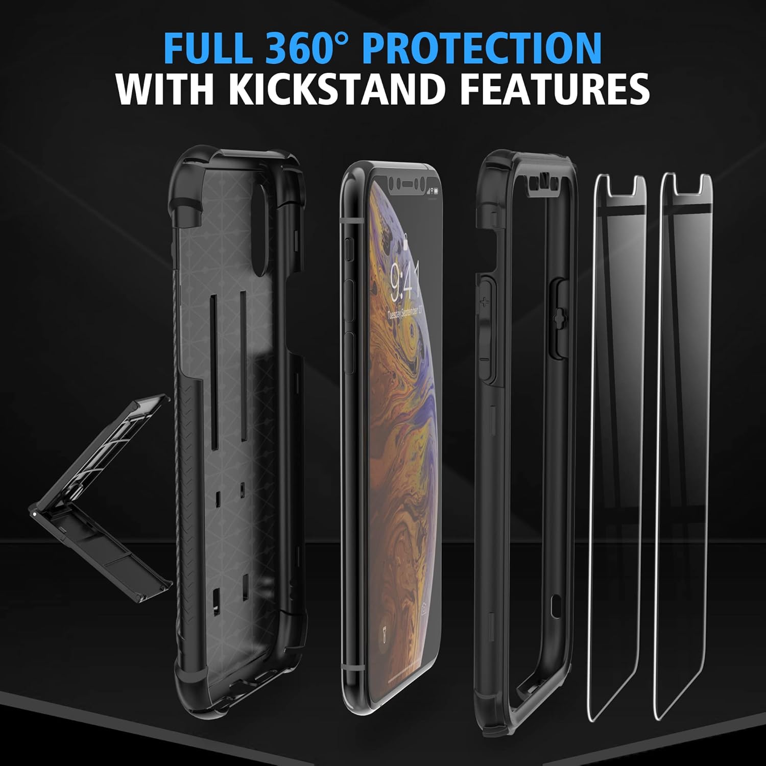 iPhone Xs Max, 2x Glass Screen Protector Shockproof Protective Case - Black - Image 6