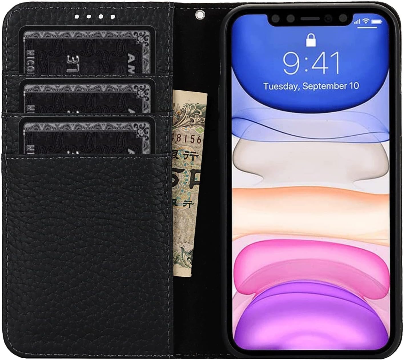 Premium Cow Leather Flip Magnetic Cover for iPhone 12 Pro Max (6.7 Inch) - Black - Image 4