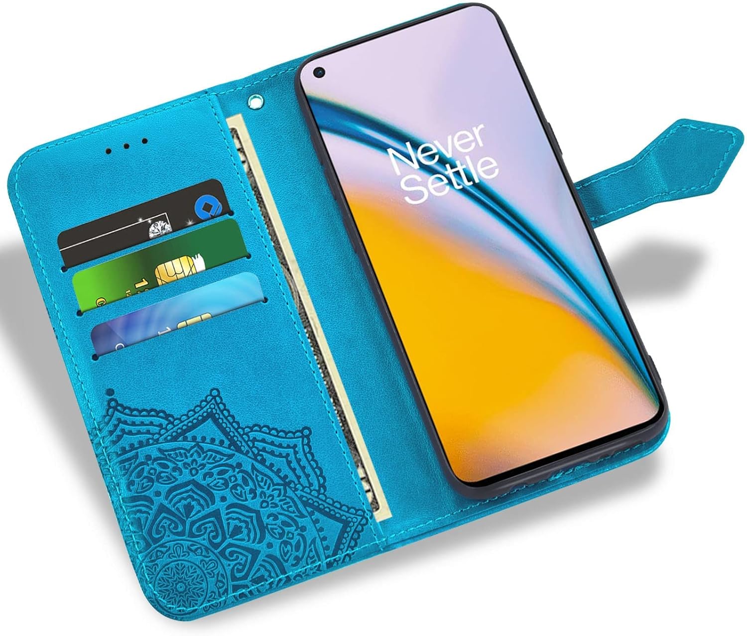 For OnePlus Nord 2 5G Tempered Glass Screen Protector Flip Wallet Case - Blue - Image 3