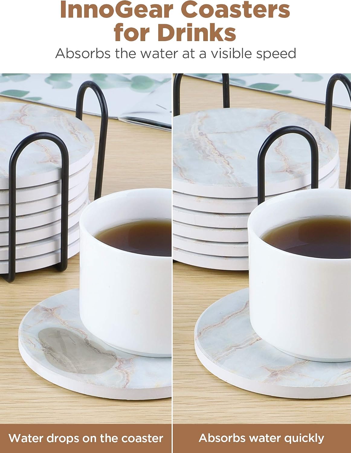 Coasters for Drinks, 8 Pieces with Holder Absorbent Ceramic Stone Marble Pattern - Image 5