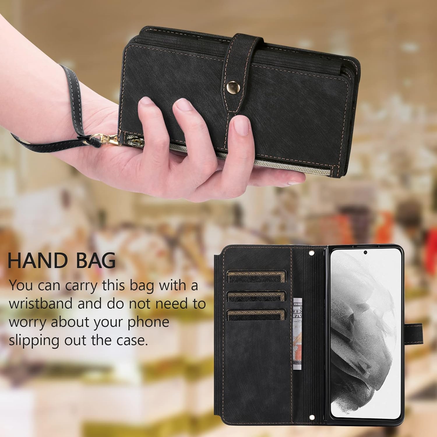 Z Fold 4, 9 Card Slot Shockproof Leather Flip Wallet Case - Black - Image 6