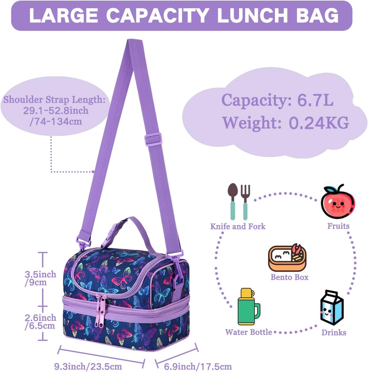 Lunch Box Bag Kids, Insulated Two Compartments Cooler Bags Girls Shoulder Strap - Image 2