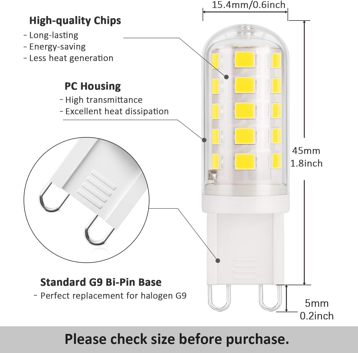 G9 3W LED Light Bulbs, 430LM, Equivalent to 40W Halogen, Daylight White 6000K - Image 2