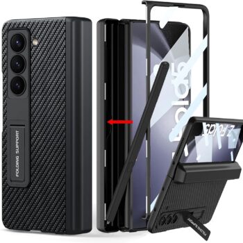 Samsung Galaxy Z Fold 5 Case with Pen Holder, Leather Case - Black