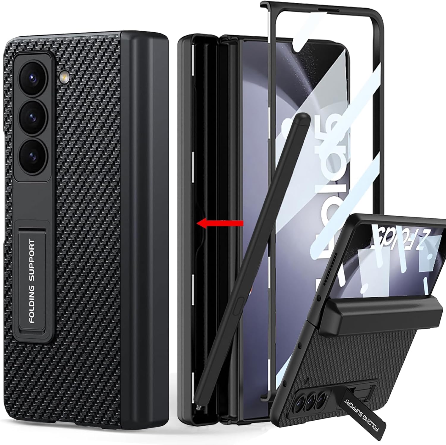 Samsung Galaxy Z Fold 5 Case with Pen Holder, Leather Case - Black
