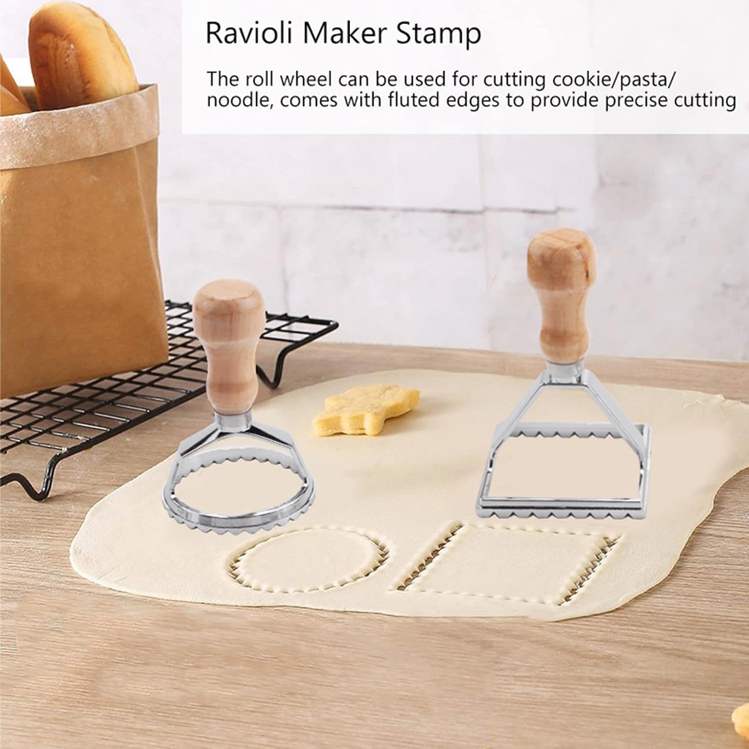Ravioli Stamp Maker Cutter with Roller Wheel Set, Mold with Wooden Handle - Image 2