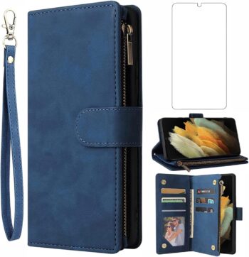 for Samsung Galaxy S21 Ultra 5G Leather Wallet Case w Glass Screen Protector