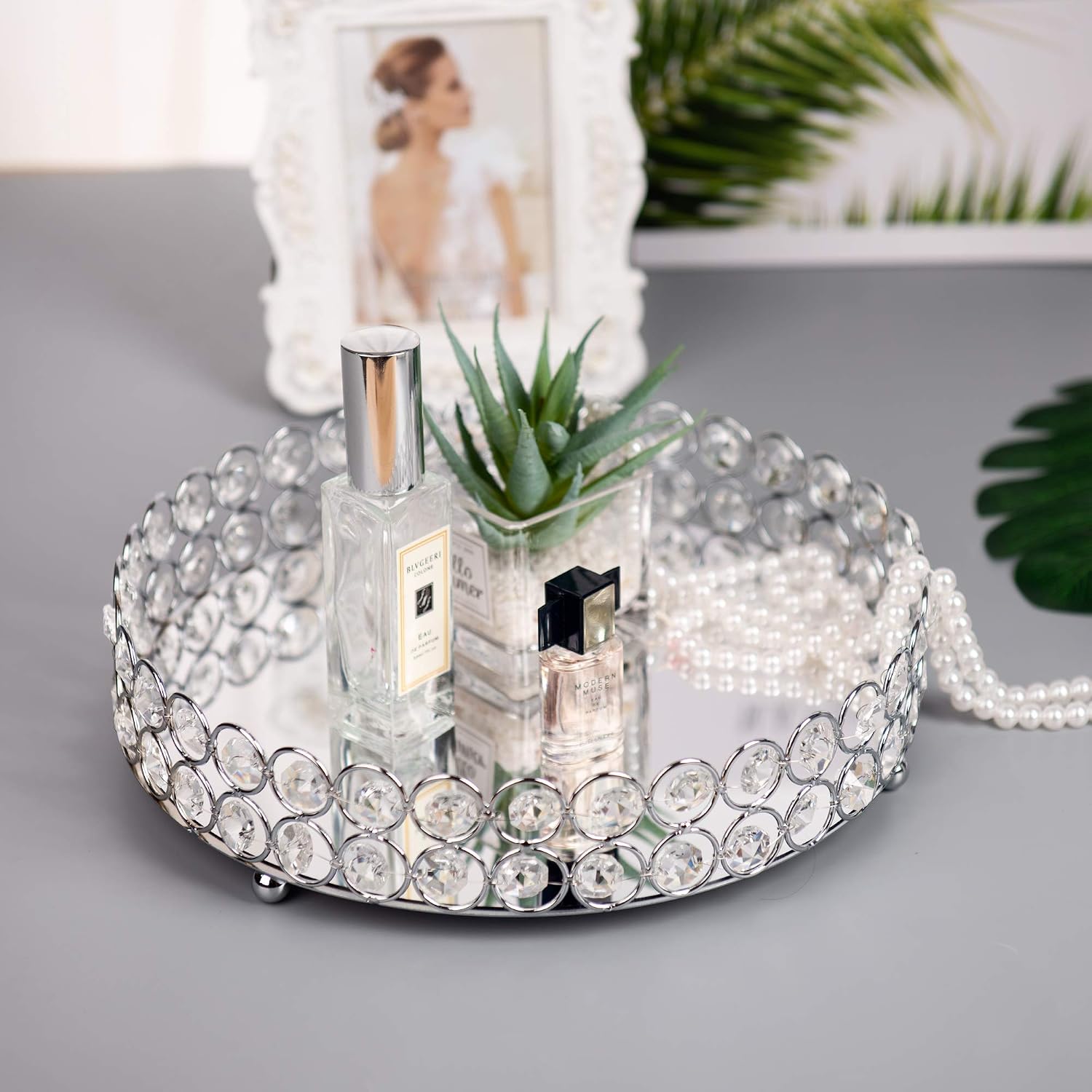 Crystal Beads Cosmetic Round Tray Jewelry Organizer Mirrored Decorative(Silver) - Image 7