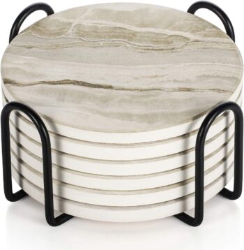 Drink Coasters with Holder, Absorbent Coaster Sets of 6, Marble Style Ceramic
