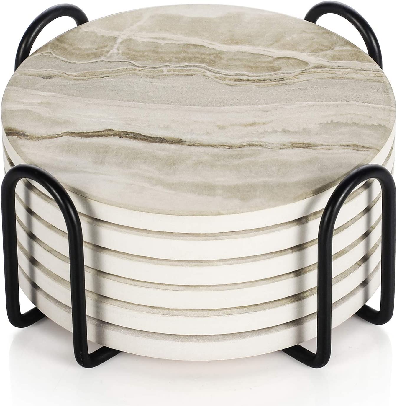 Drink Coasters with Holder, Absorbent Coaster Sets of 6, Marble Style Ceramic