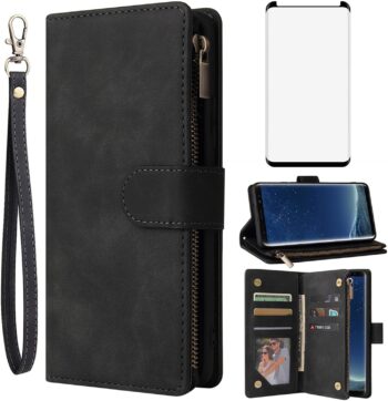 For Samsung Galaxy S8 Tempered Glass Screen Protector and Leather Flip Wallet