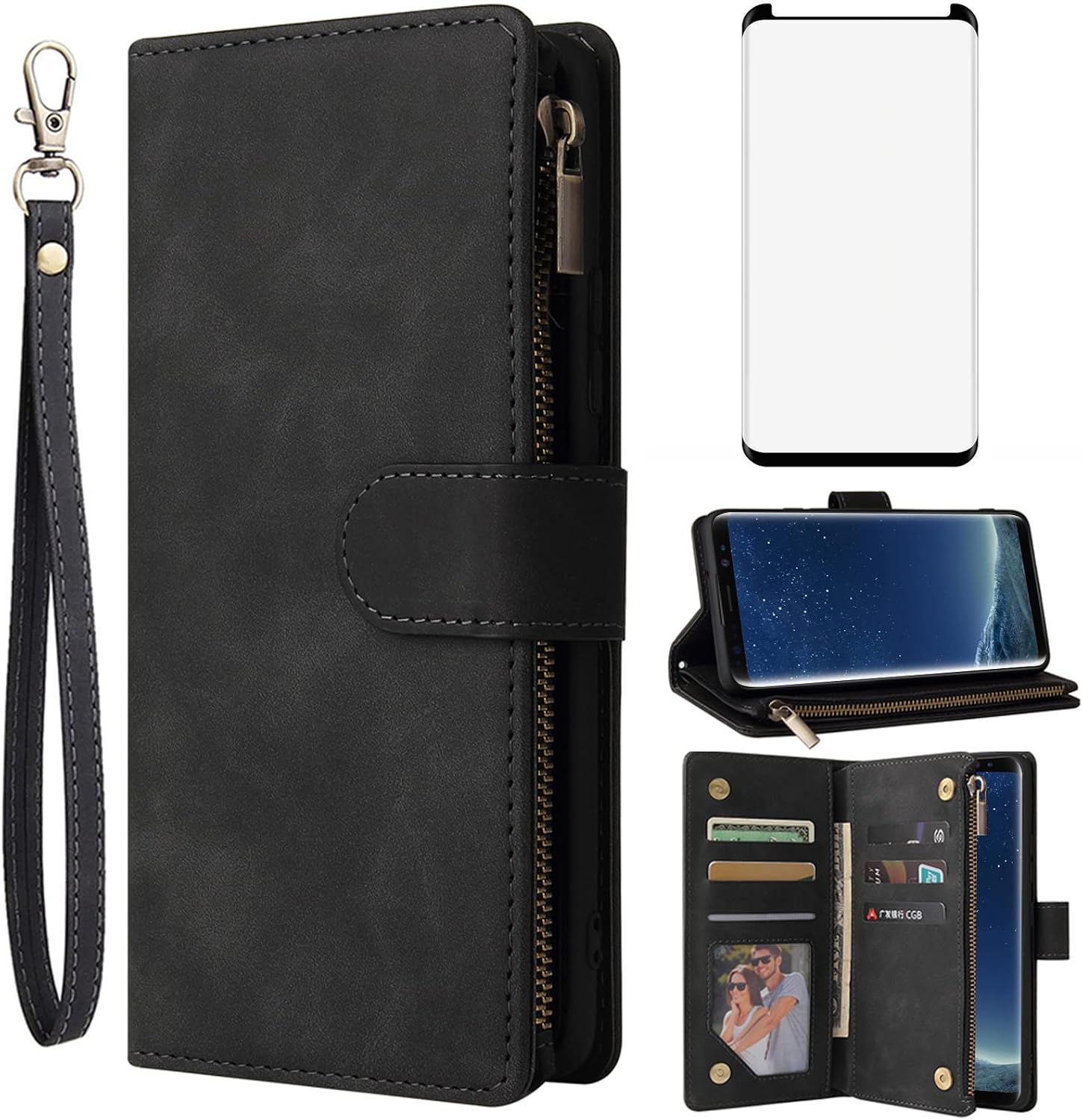 For Samsung Galaxy S8 Tempered Glass Screen Protector and Leather Flip Wallet