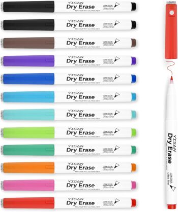 Magnetic Dry Erase Markers, 0.7mm Extra Fine, 12 Colours Low Odour