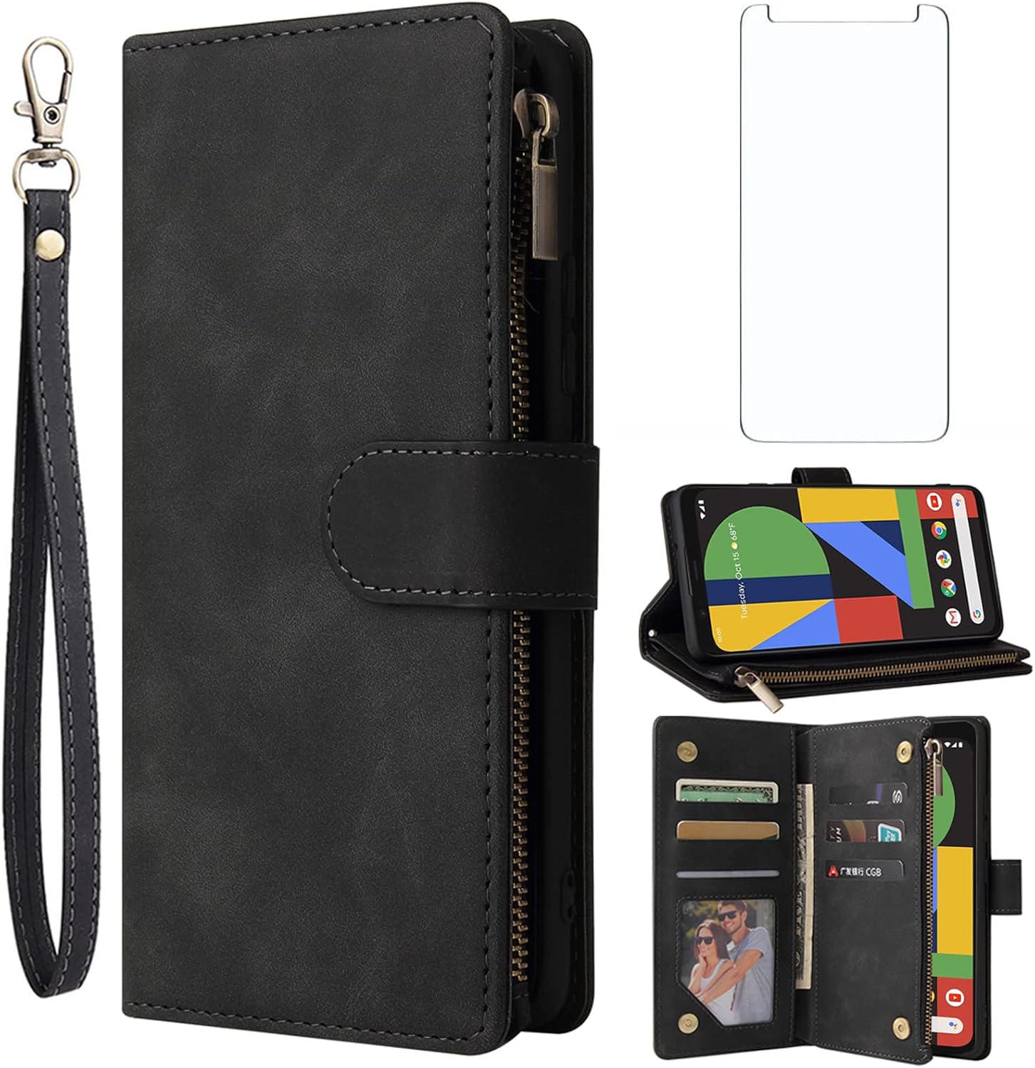 For Google Pixel 4 XL Tempered Glass Screen Protector and Leather Flip Wallet