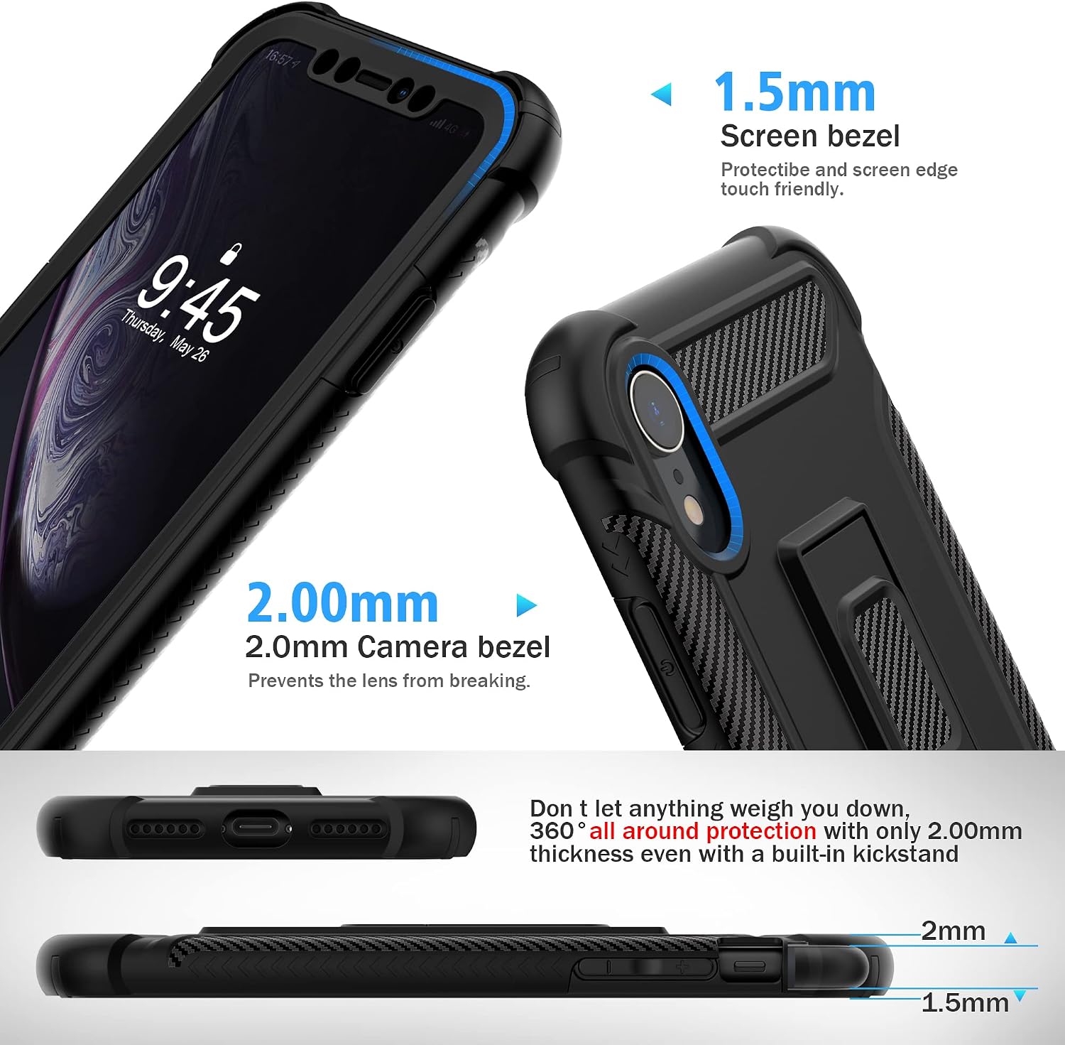 For iPhone XR Case, with 2 x Screen Protectors Full Body Shockproof Case - Black - Image 3