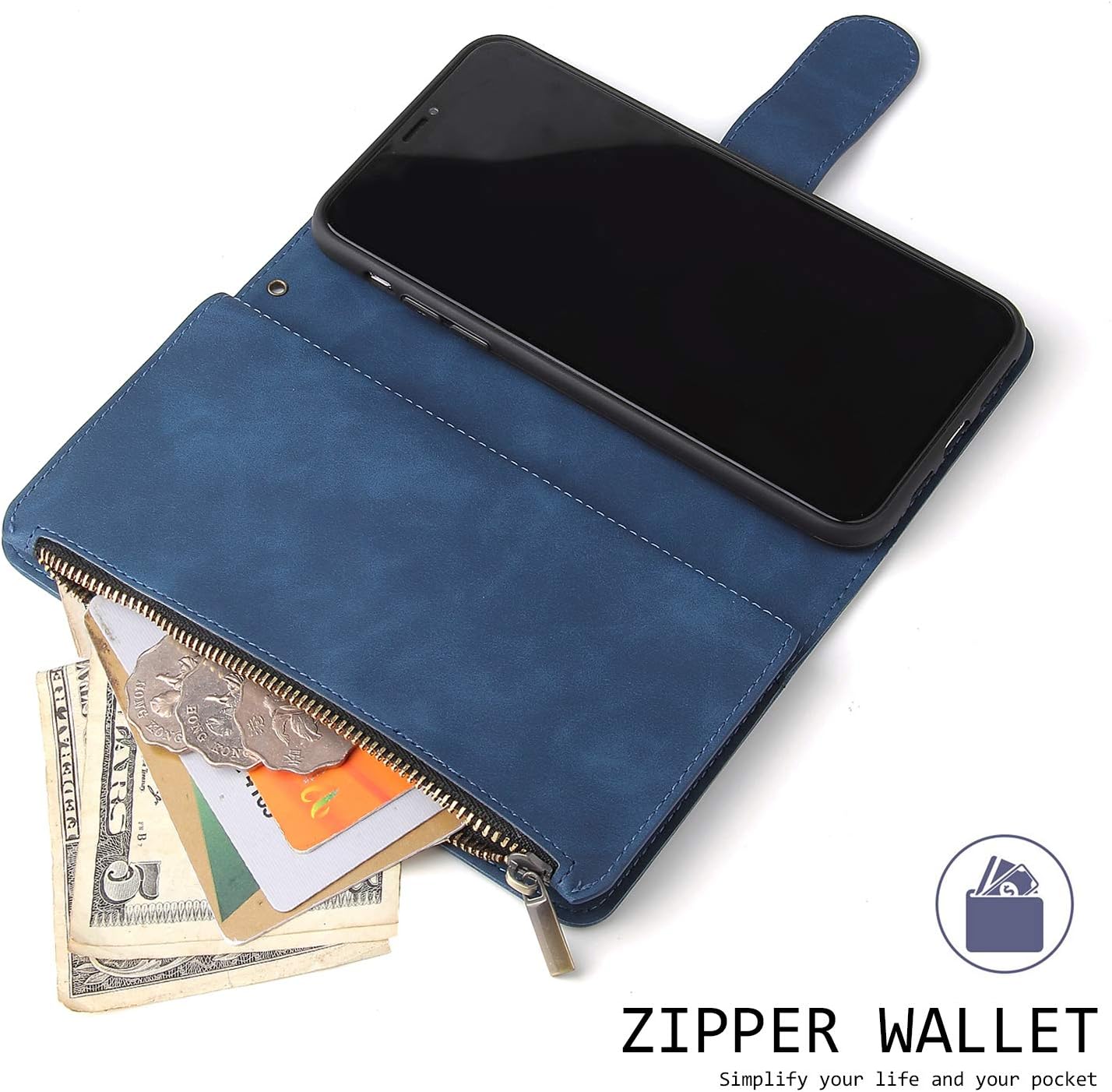 iPhone XR, Premium Vintage PU Leather Magnetic Zipper Pocket Kickstand Case - Image 4