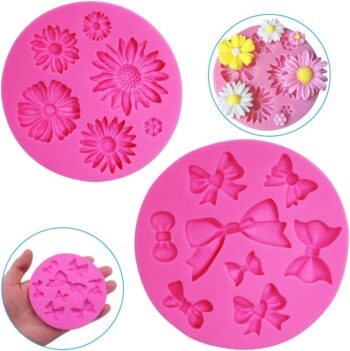 2 Pieces Decorative Silicone Molds, Chrysanthemum Flower & Bow Tie Shaped - Pink