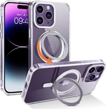 iPhone 14 Pro, 360° Rotatable Ring Stand Slim Shockproof Protective Case, Clear