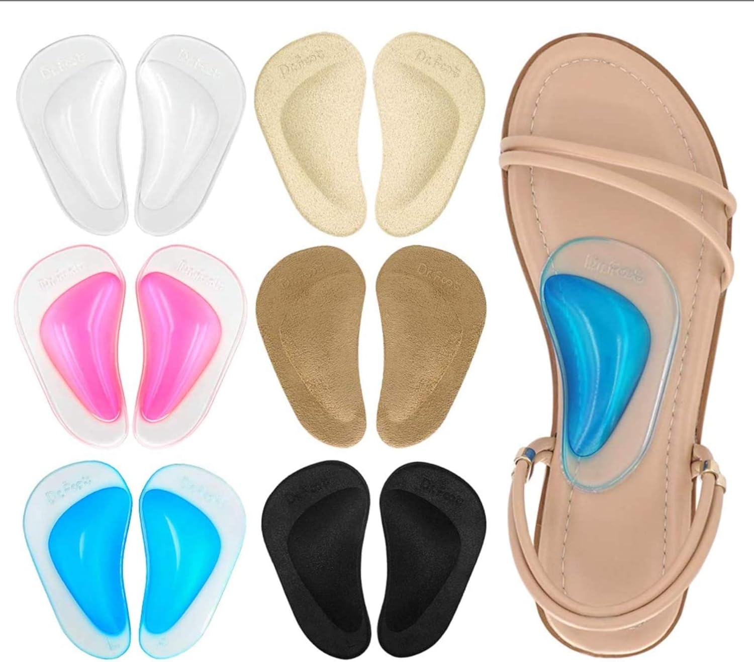 Gel Arch Support Cushions for Flat Feet, Shoe Insoles (6 Colors - 6 Pairs)