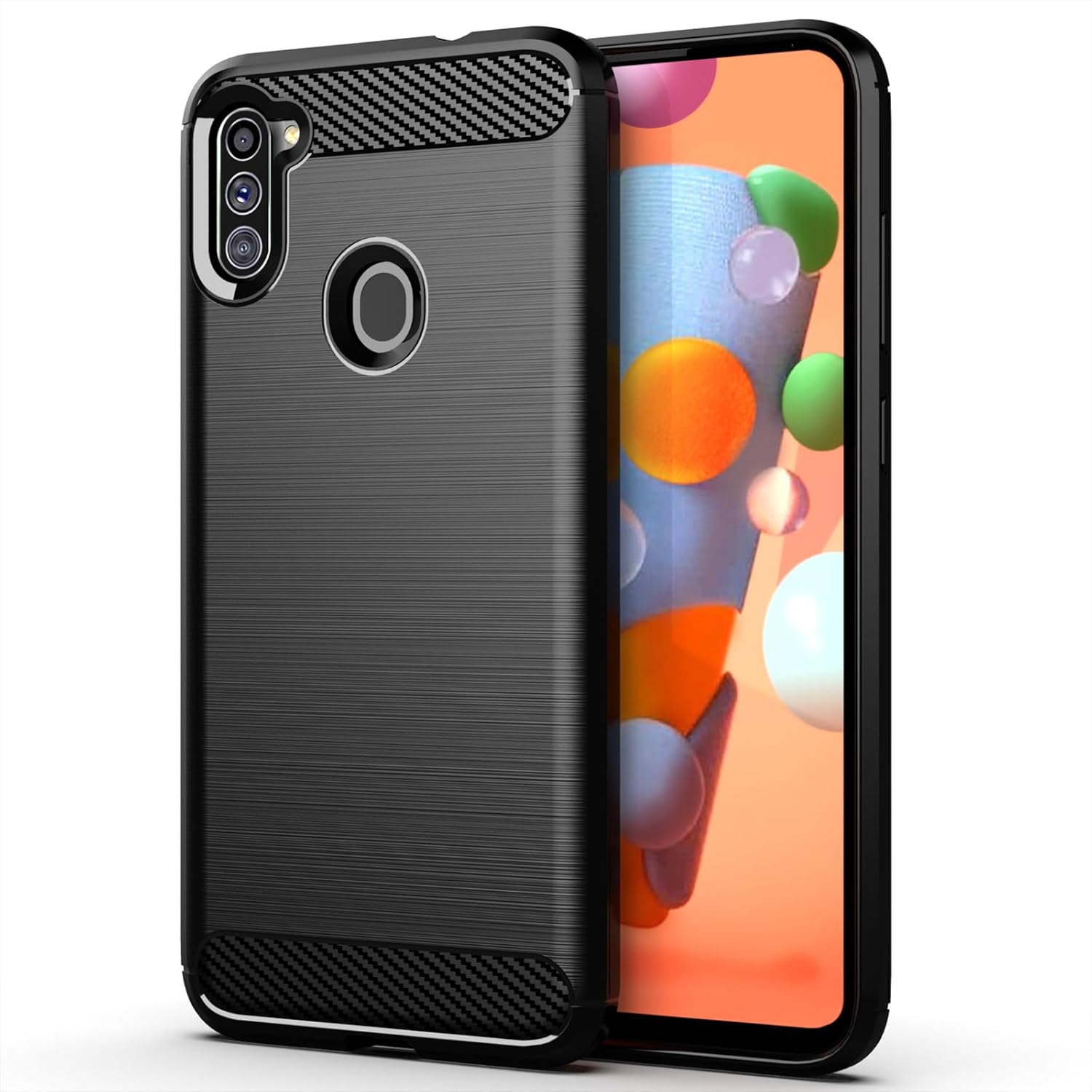 For Samsung Galaxy A11 Shock-Absorption Soft Carbon Fiber Protective - Black